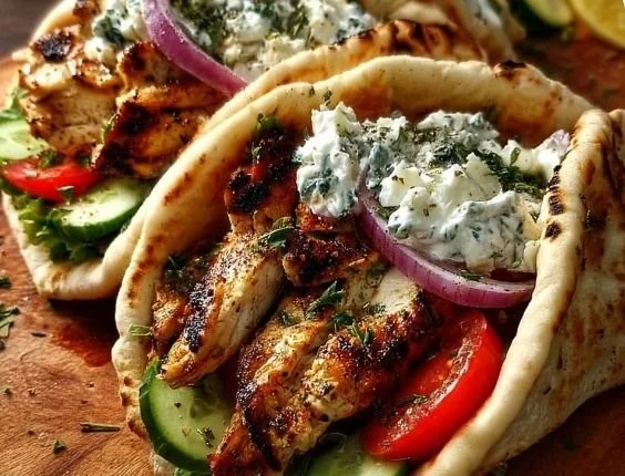 Grilled Greek chicken gyros with fresh vegetables and tzatziki sauce