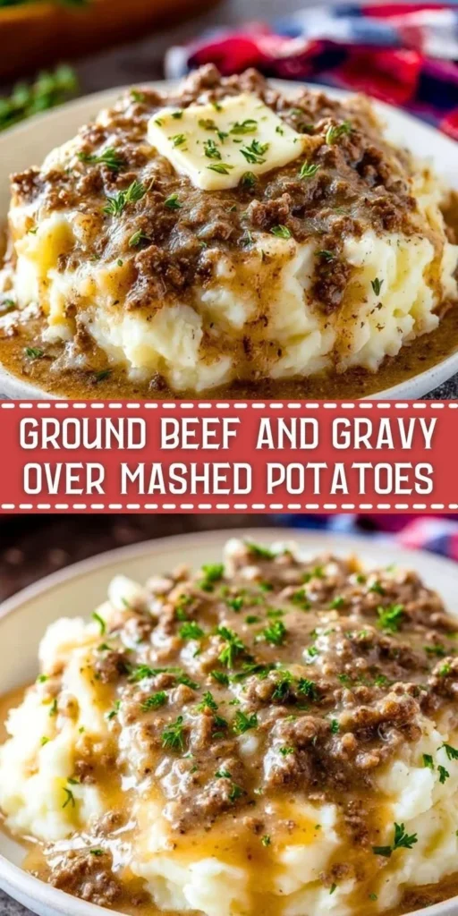 Delicious ground beef and gravy poured over fluffy mashed potatoes
