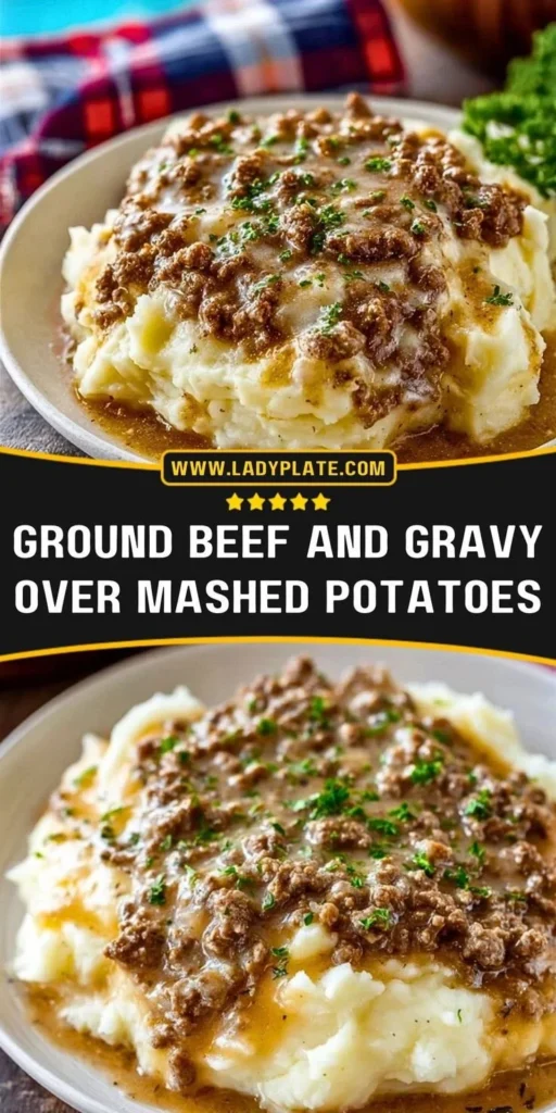 Ground beef and gravy served over fluffy mashed potatoes