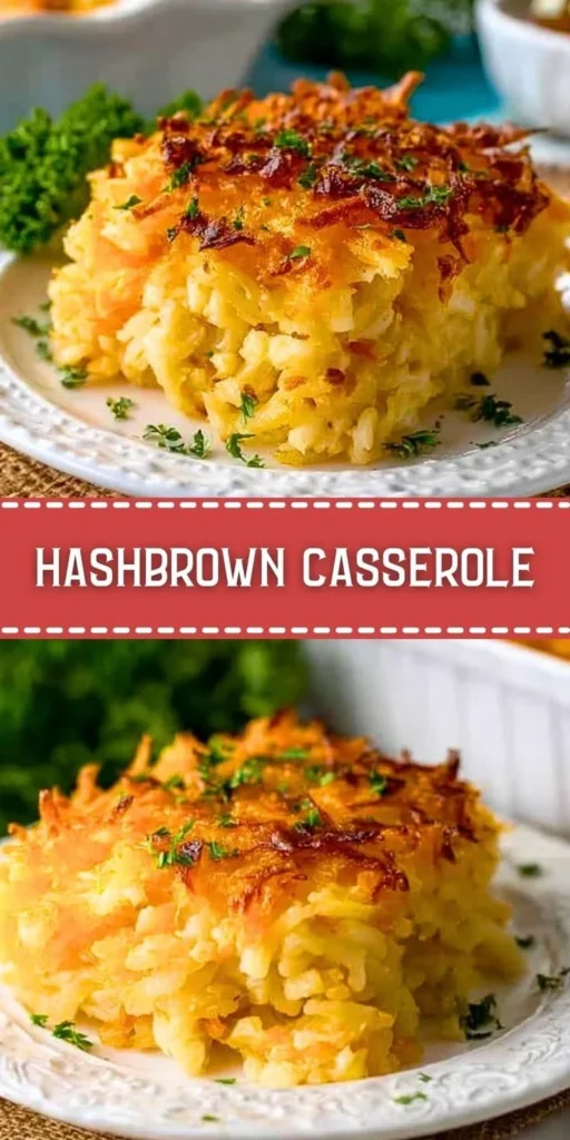 Delicious Hashbrown Casserole topped with cheese and crispy edges