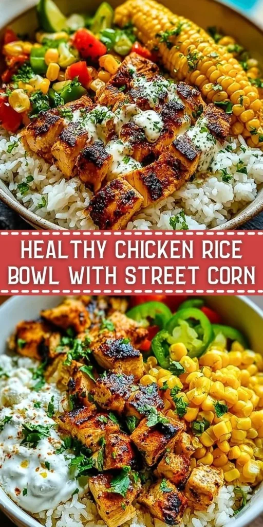 Healthy chicken rice bowl garnished with savory street corn.