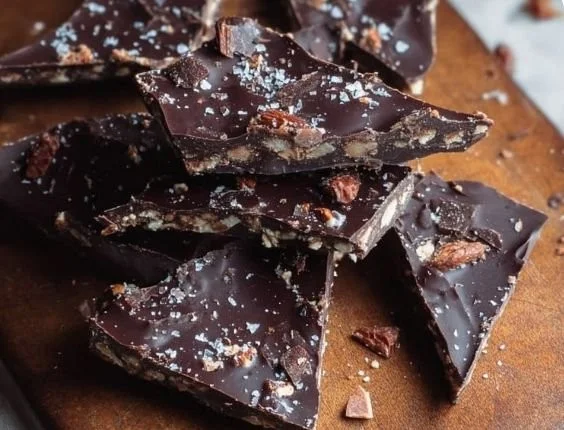 Healthy dark chocolate date bark on a wooden surface, topped with nuts and sea salt.