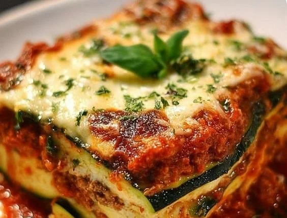 Hearty zucchini lasagna topped with cheese and fresh herbs in a baking dish.