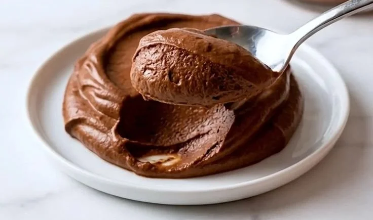 High-protein chocolate mousse dessert in a glass, garnished with chocolate shavings