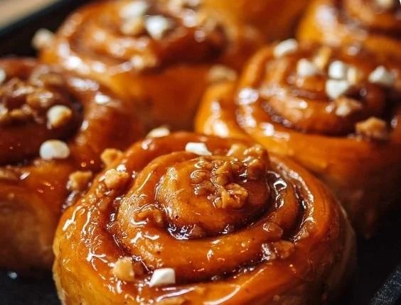 Freshly baked homemade honey buns with a golden glaze