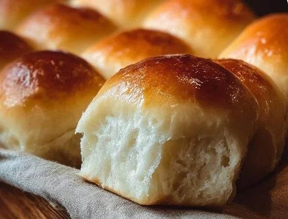Freshly baked homemade rolls, soft and buttery, on a wooden table