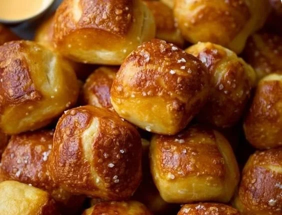 Homemade soft pretzel bites fresh out of the oven, ready to be enjoyed.