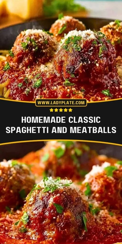 Delicious homemade spaghetti and meatballs served with fresh herbs and parmesan cheese.