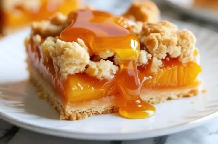 Delicious honey-glazed peach crumble bars on a wooden table