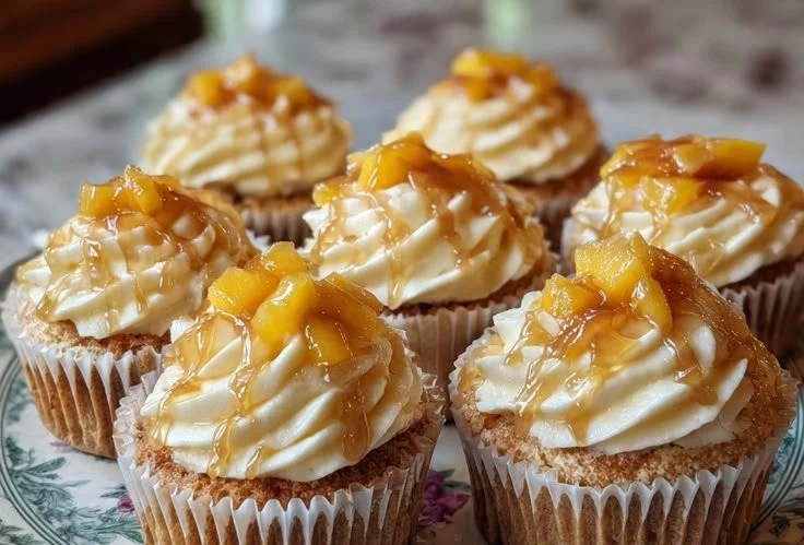 Honey peach cream cheese cupcakes topped with fresh peach slices