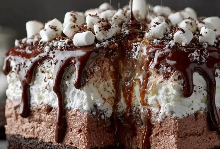 Delicious hot chocolate lasagna dessert with layers of chocolate goodness