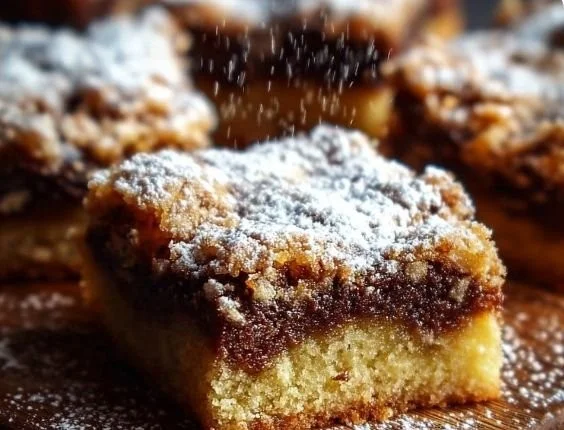 Delicious ooey gooey cake mix bars cut into squares on a plate