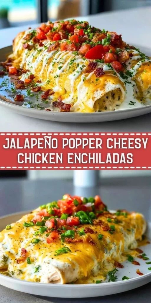 Jalapeño Popper Cheesy Chicken Enchiladas topped with cheese and jalapeños