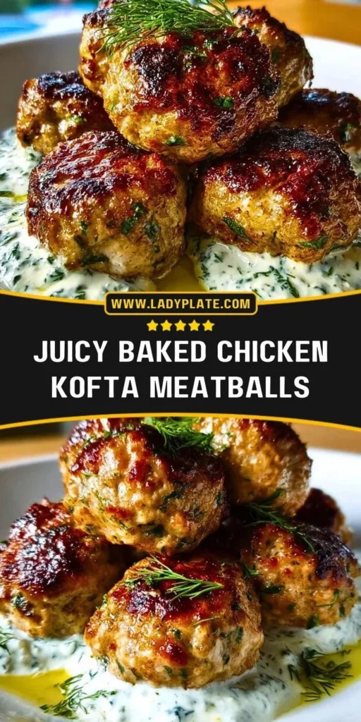 Juicy baked chicken kofta meatballs served on a plate with herbs and sauce.
