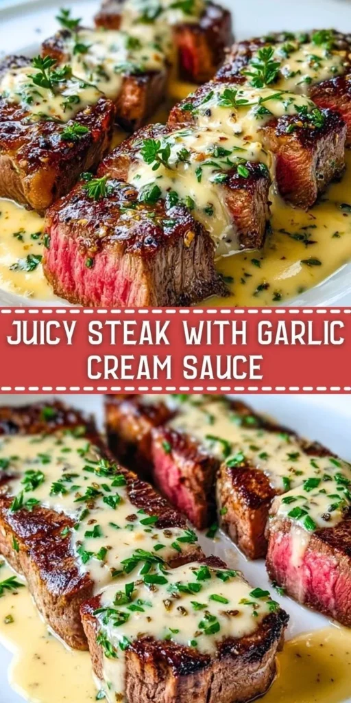 Delicious juicier steak topped with creamy garlic sauce served on a plate.