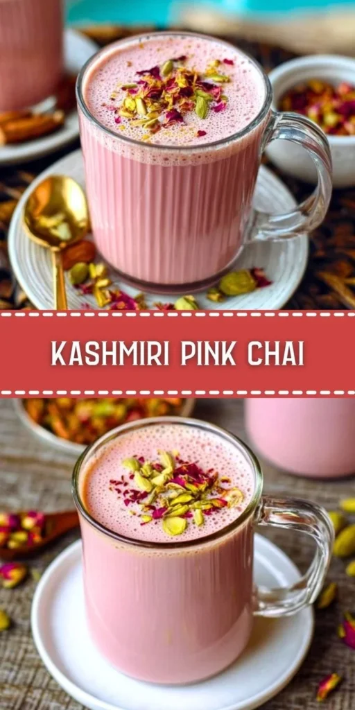 A cup of Kashmiri Pink Tea garnished with nuts and spices, showcasing its vibrant color.