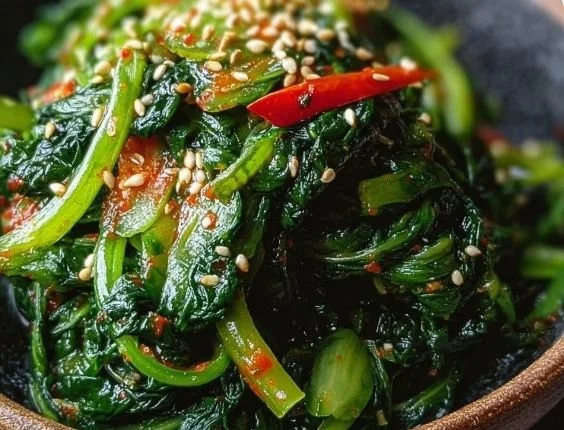 Korean Spinach Salad with sesame dressing and fresh vegetables