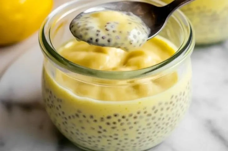 Delicious lemon chia pudding topped with fresh lemon slices and mint leaves.