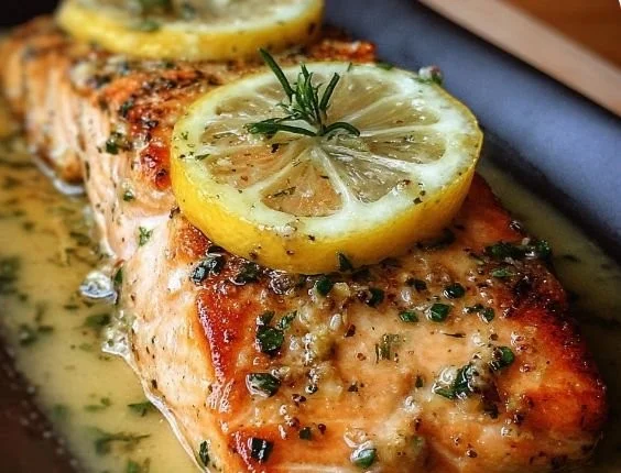 Lemon Garlic Butter Salmon on a plate garnished with herbs