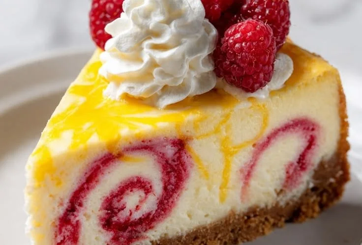 Delicious Lemon Raspberry Swirl Cheesecake with creamy texture and vibrant colors