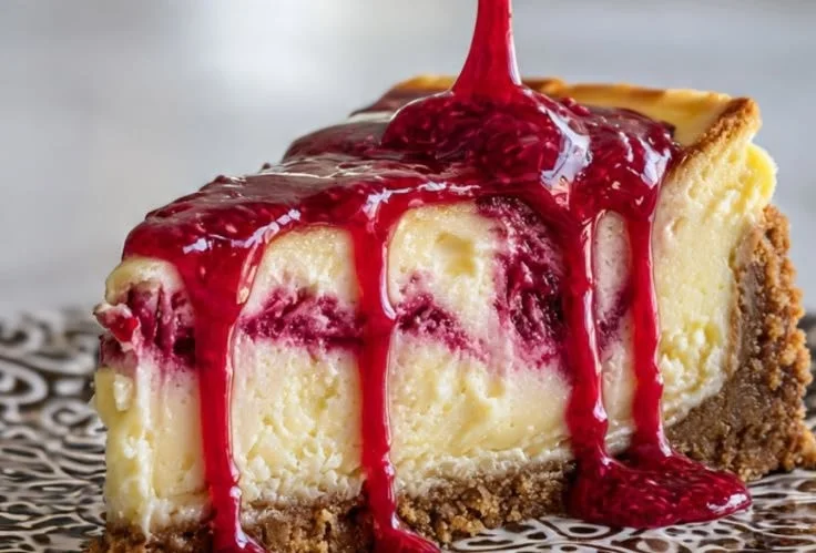Lemon Raspberry Swirl Cheesecake topped with fresh raspberries and lemon zest