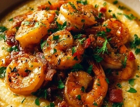 Delicious Lowcountry shrimp and grits served in a bowl with herbs