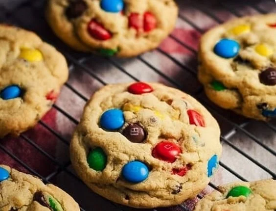 Freshly baked M&M cookies with colorful chocolate candies