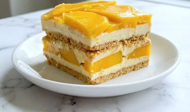 Delicious mango float dessert with creamy layers and fresh mango slices.