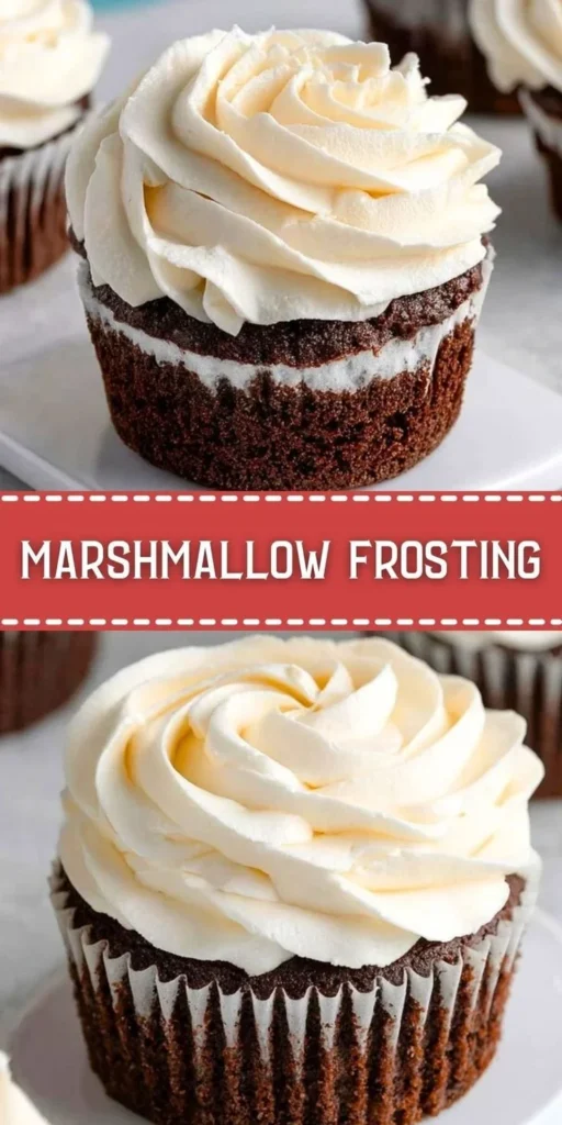 Delicious and fluffy marshmallow frosting on a chocolate cupcake