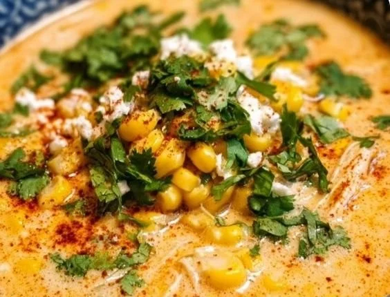 Bowl of Mexican Street Corn Chowder topped with cilantro and lime slices.