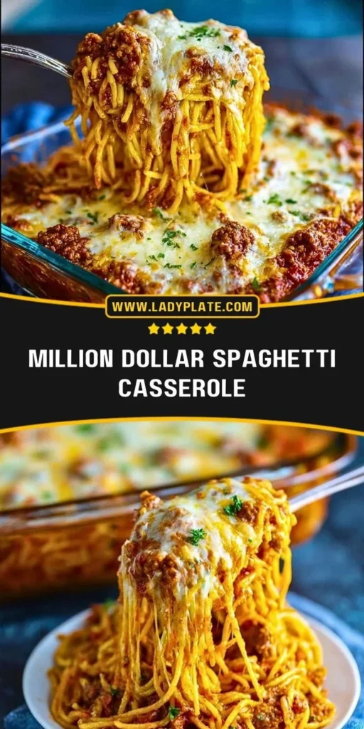 Delicious Million Dollar Spaghetti Casserole baked in a casserole dish