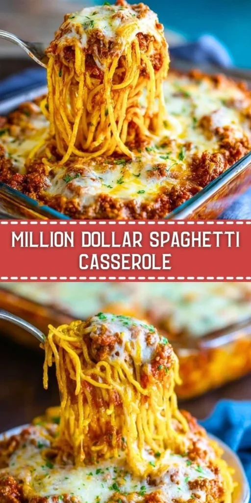 Delicious Million Dollar Spaghetti Casserole topped with cheese and herbs.