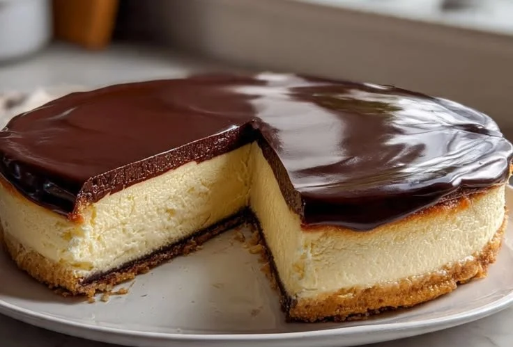 Slice of Millionaire Cheesecake topped with chocolate and caramel drizzle