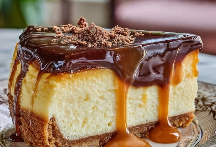 Slice of Millionaire's Cheesecake topped with chocolate and caramel drizzle
