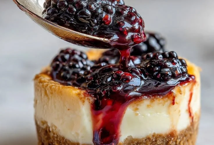 Mini blackberry cheesecakes topped with fresh blackberries on a dessert plate.