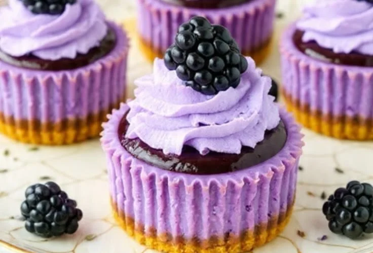 Mini blackberry lavender cheesecakes topped with fresh blackberries and lavender sprigs.