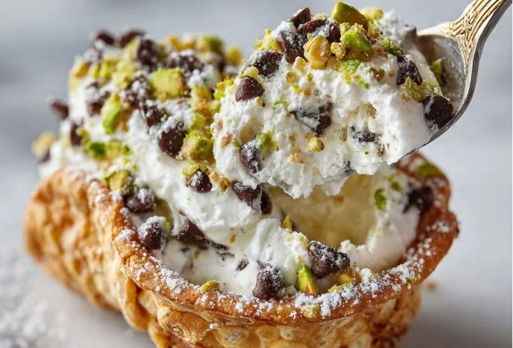 Mini cannoli cups filled with sweet ricotta cream and garnished with chocolate chips