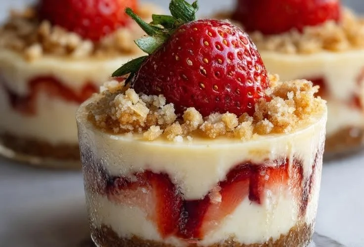 Delicious mini cheesecake cups topped with fruit and served in individual portions.