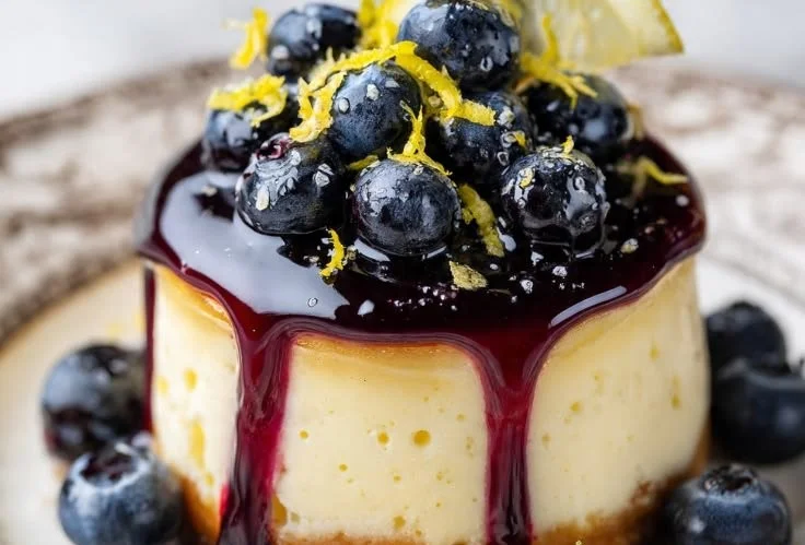 Mini lemon blueberry cheesecakes garnished with fresh blueberries and lemon slices