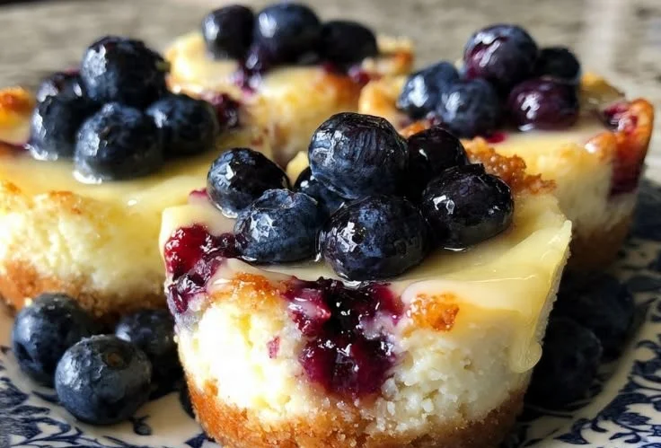 Mini lemon blueberry cheesecakes topped with fresh blueberries