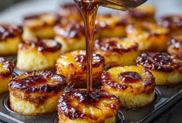 Mini Pineapple Upside Down Cheesecakes topped with caramelized pineapple slices.