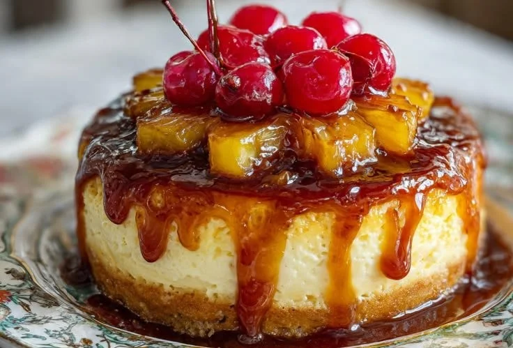 Mini Pineapple Upside-Down Cheesecakes served on a white plate
