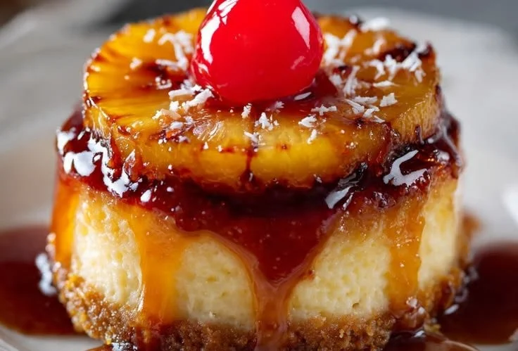 Mini Pineapple Upside-Down Cheesecakes topped with caramelized pineapple slices