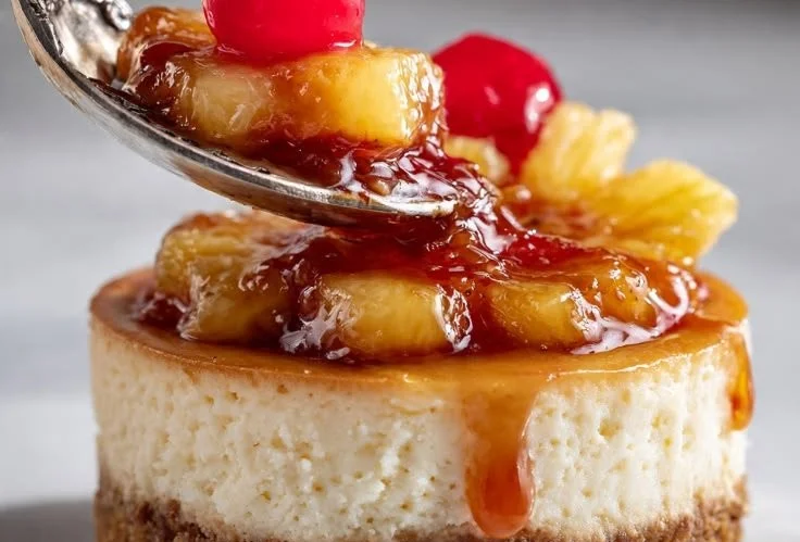 Mini pineapple upside-down cheesecakes served on a plate