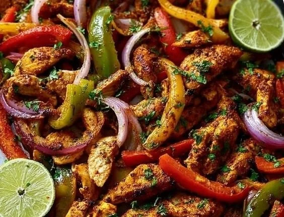 Sheet pan chicken fajitas with colorful peppers and onions.