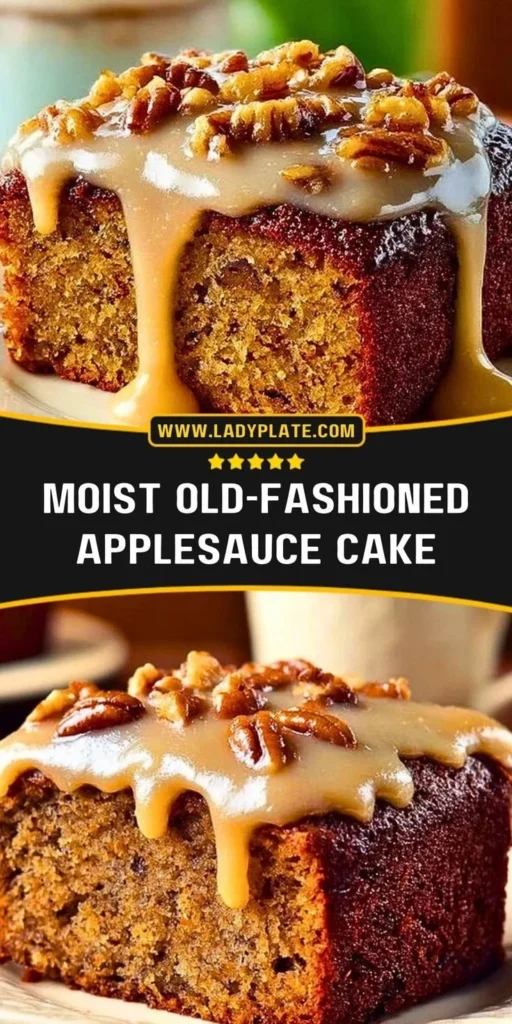Moist old-fashioned applesauce cake topped with cinnamon and served on a plate.