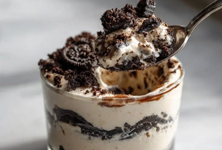 No-Bake Oreo Cheesecake Cups topped with Oreo cookies in a glass cup