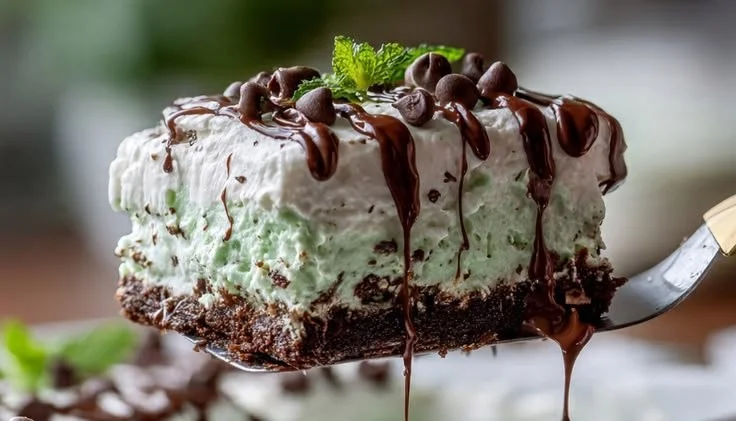 No-bake shamrock mint chocolate lasagna dessert served in a dish.