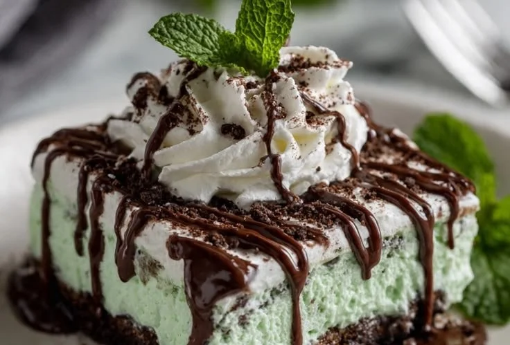 No-Bake Shamrock Mint Chocolate Lasagna dessert layered with mint and chocolate