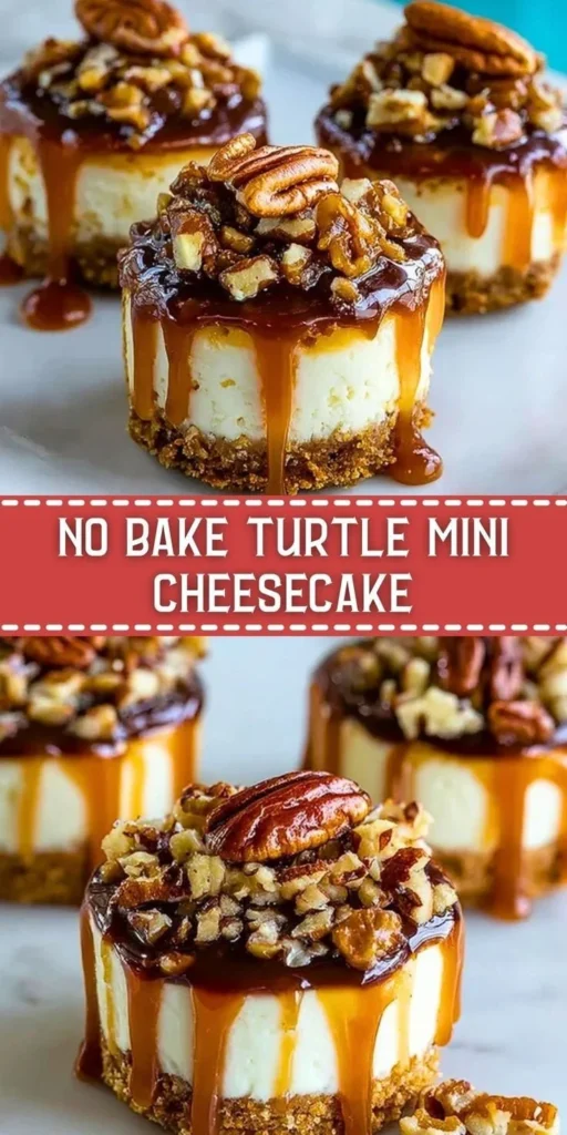 Delicious no-bake turtle mini cheesecakes topped with caramel and pecans.